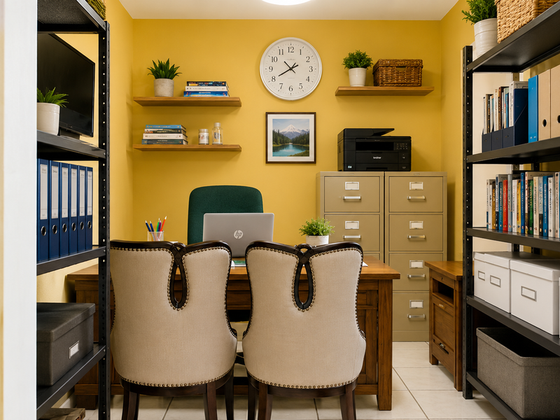 A well-organized home office featuring yellow walls, floating wooden shelves, and tiled flooring, providing a functional and bright workspace.