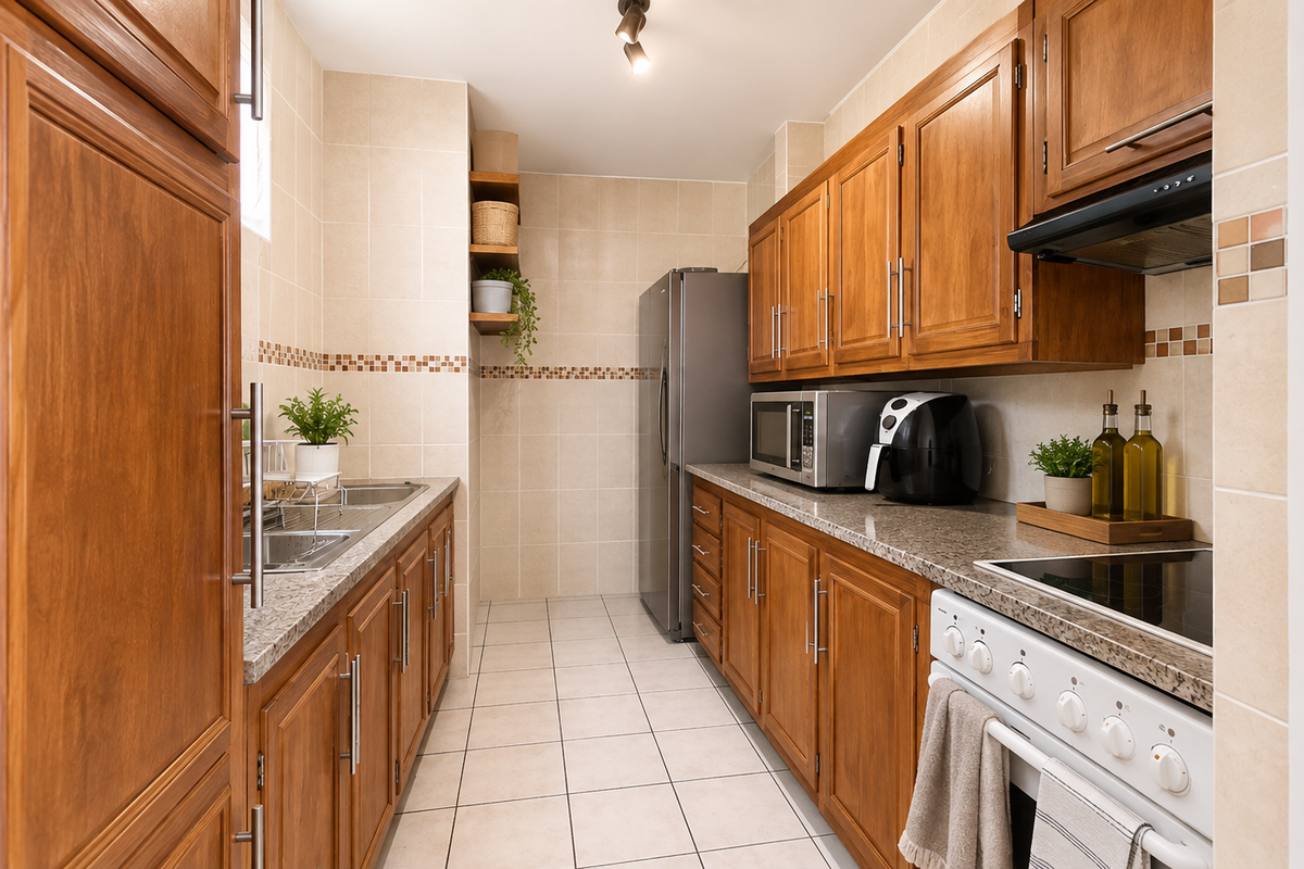 A functional galley-style kitchen featuring warm-toned wooden cabinetry, granite countertops, tiled backsplash, and integrated cooking appliances.