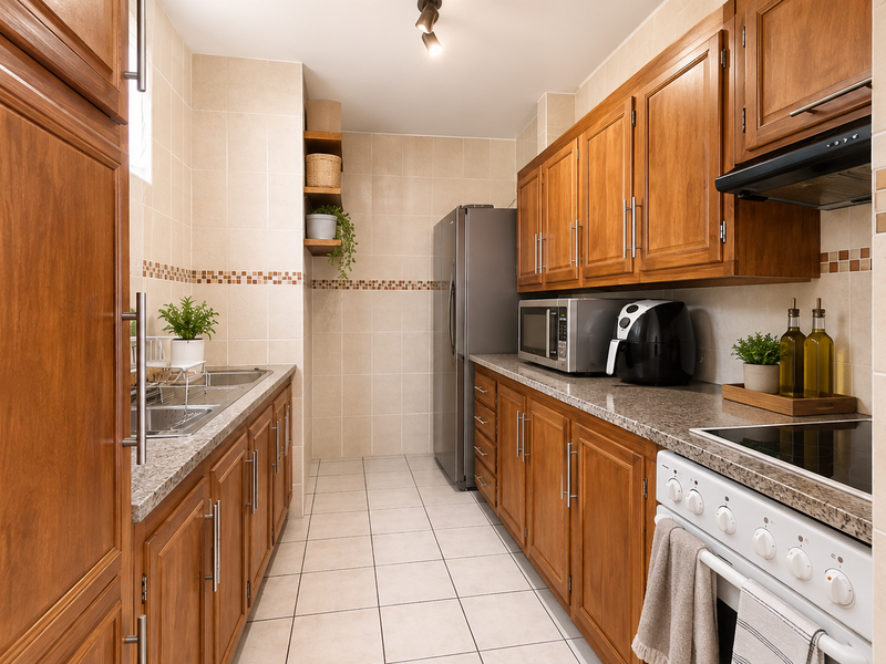 A functional galley-style kitchen featuring warm-toned wooden cabinetry, granite countertops, tiled backsplash, and integrated cooking appliances.