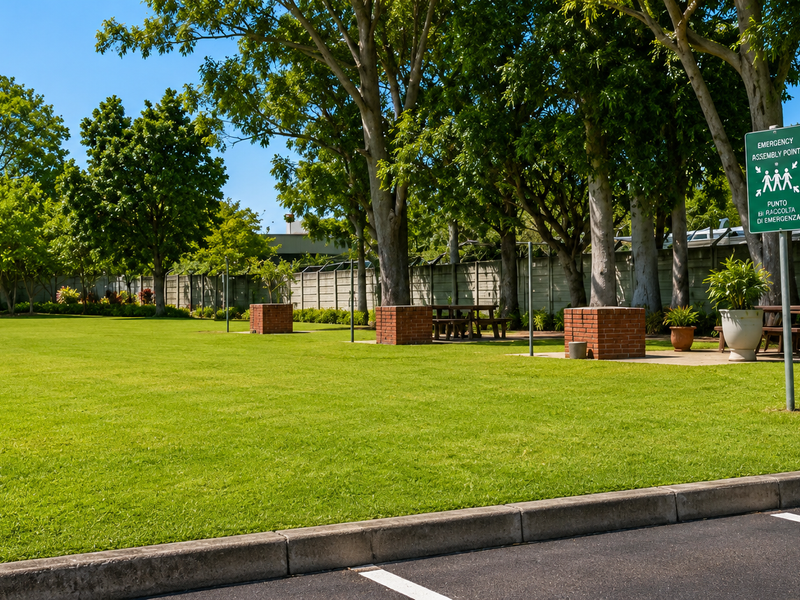 A well-maintained communal garden area featuring manicured lawns, mature trees, brick braai facilities, and designated parking spaces.