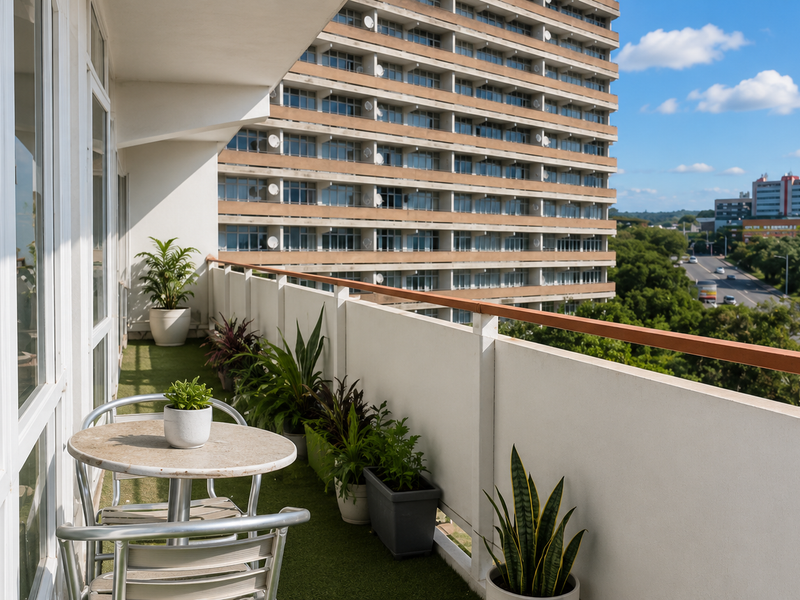 A well-maintained balcony featuring artificial turf flooring, a secure railing, and large sliding glass doors providing access to the apartment interior.