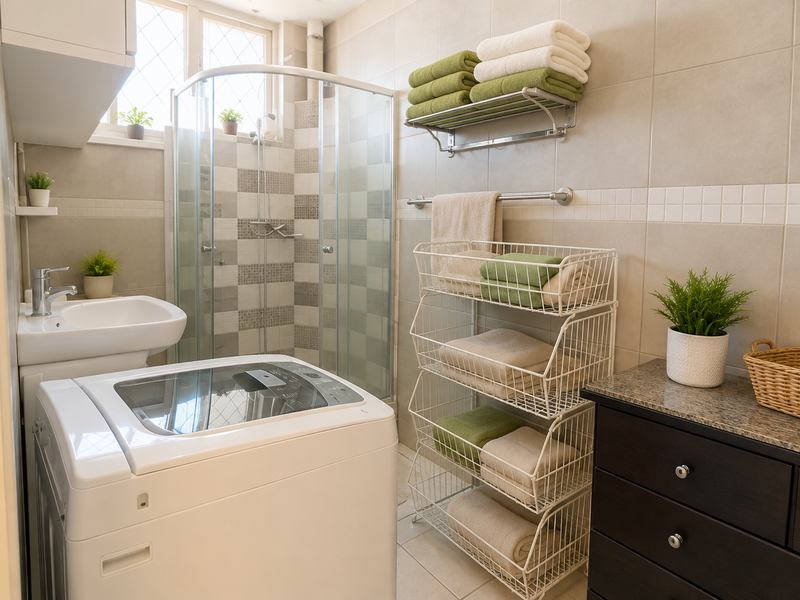A functional laundry and bathroom combination featuring a shower enclosure, vanity basin, granite-topped cabinetry, and neutral wall tiling.