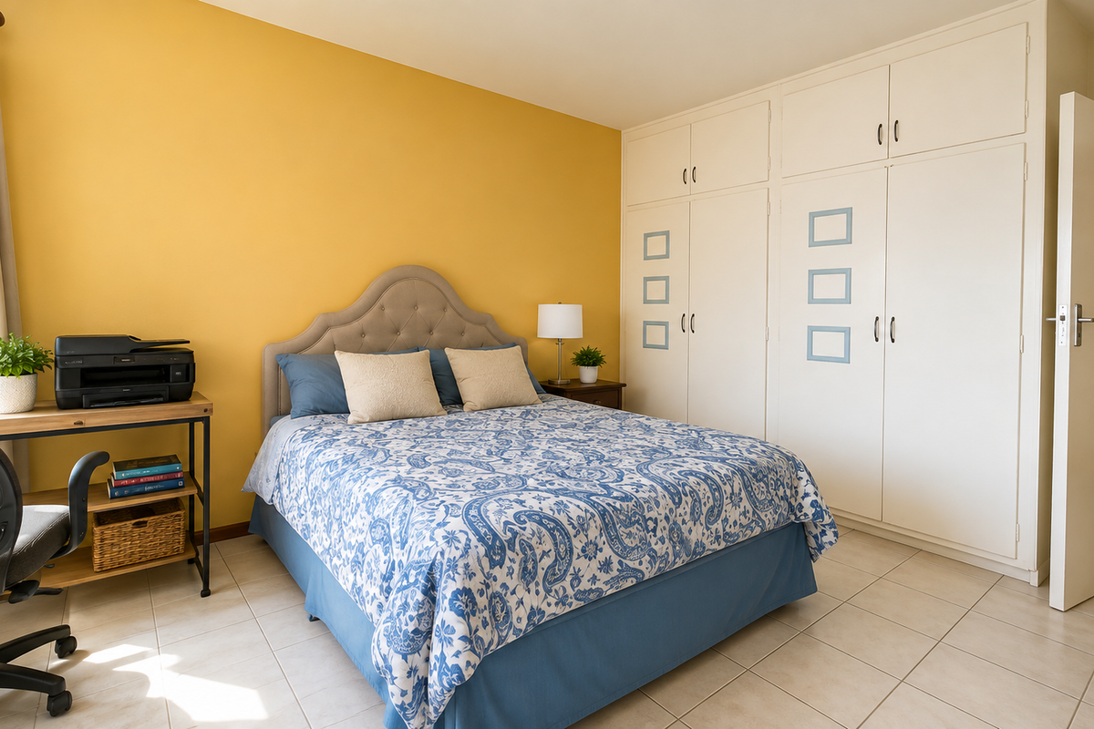 A bedroom featuring built-in cupboards and tiled flooring, offering a functional space with potential for modern updates.
