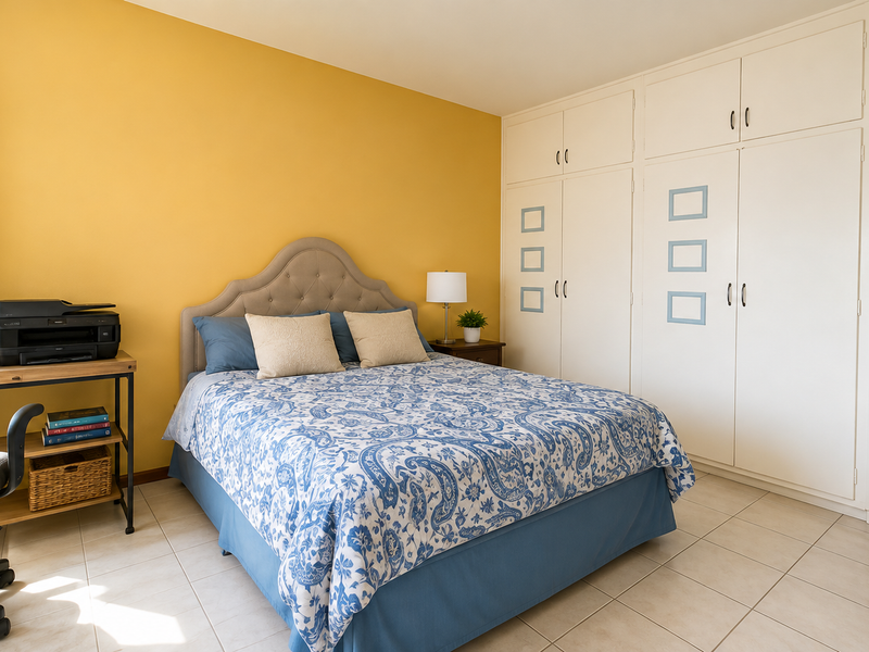 A bedroom featuring built-in cupboards and tiled flooring, offering a functional space with potential for modern updates.