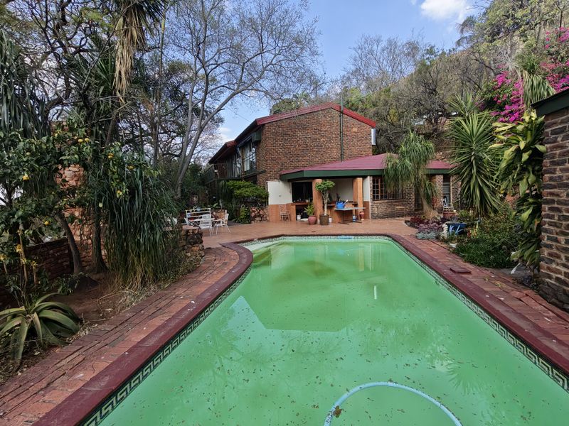 Outdoor pool area featuring a swimming pool with brick surround, adjacent covered patio, and established garden surroundings.