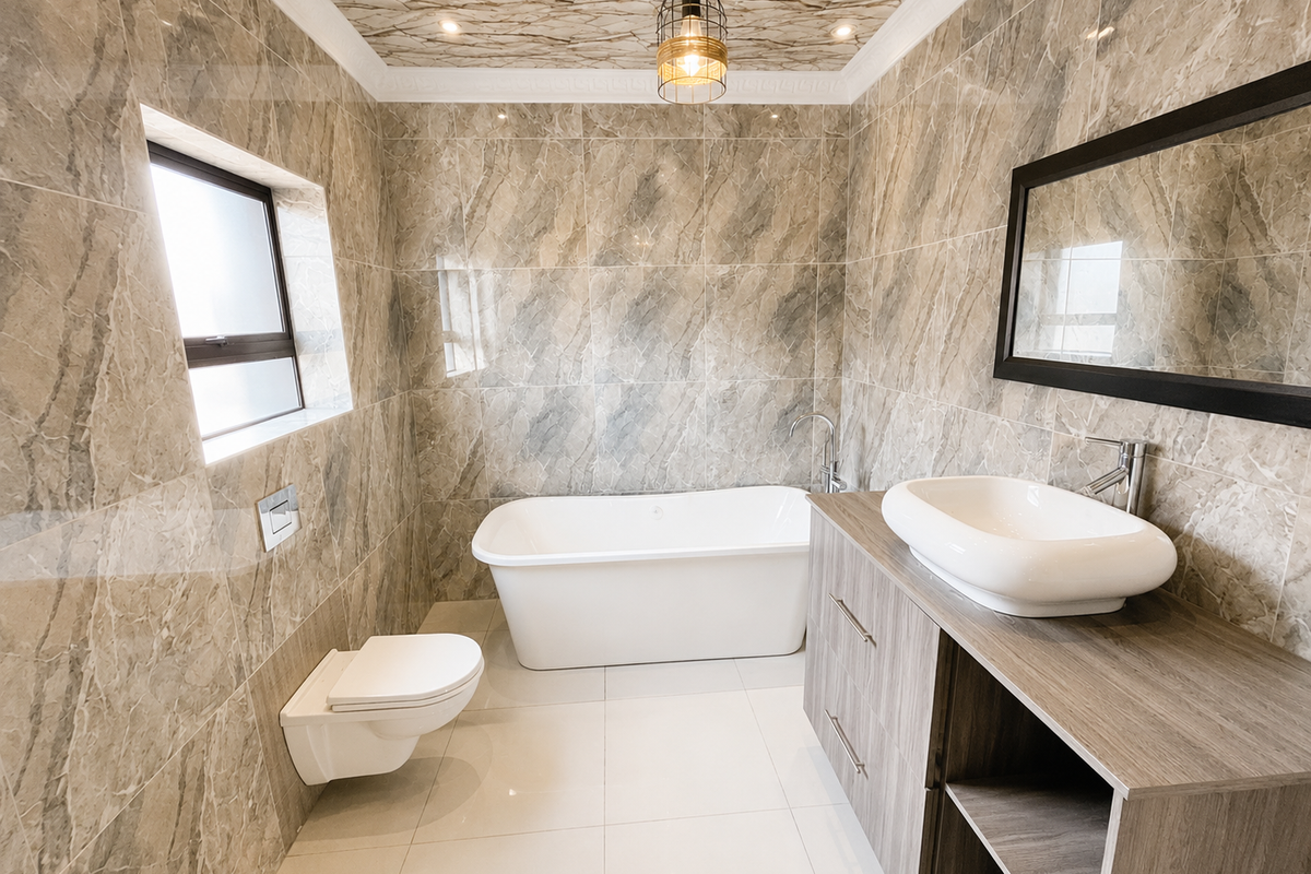 Modern bathroom featuring floor-to-ceiling marble-effect tiling, a sleek freestanding bathtub, wall-mounted toilet, and a contemporary vanity with a vessel sink.