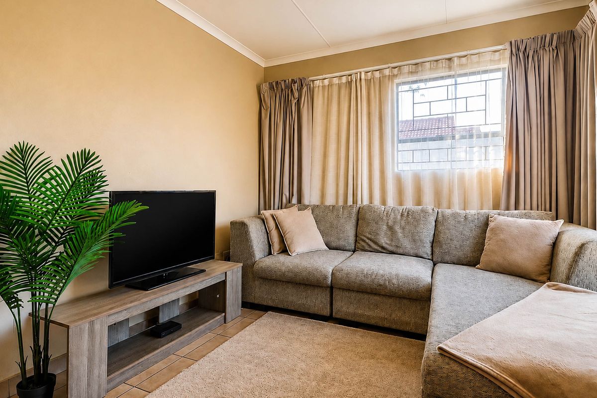 A comfortable living room featuring tiled flooring, neutral wall tones, and a window fitted with security bars.