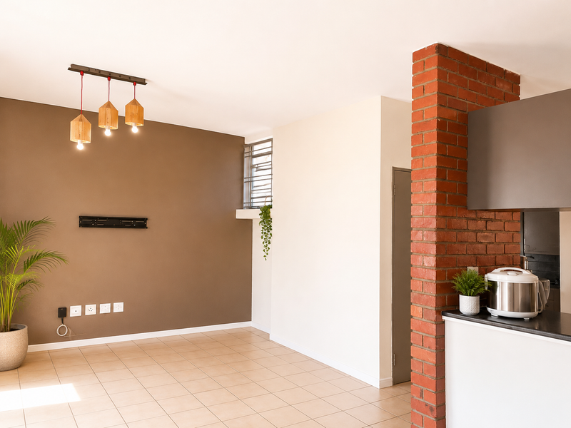 Open plan living and kitchen area featuring tiled floors, a distinctive exposed brick pillar, and modern pendant lighting.
