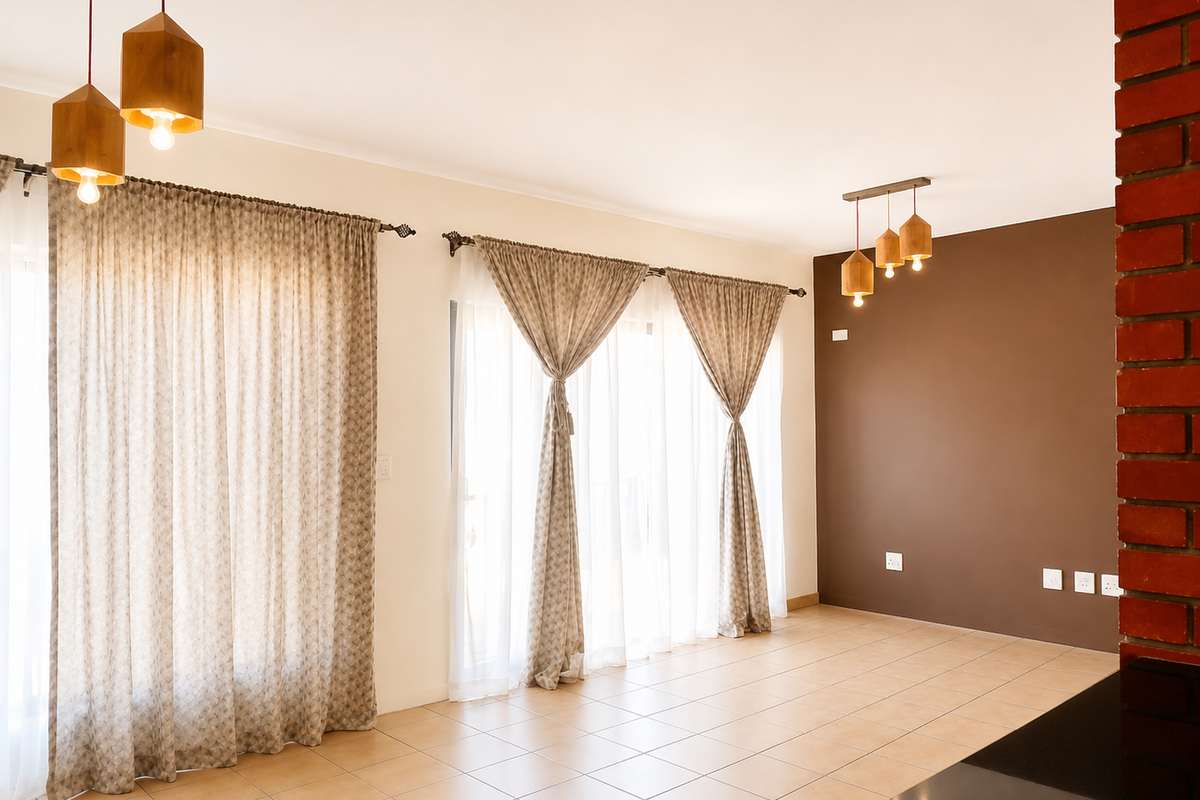A bright, open-plan living area featuring tiled floors, an exposed brick accent wall, and large sliding doors with elegant curtains.