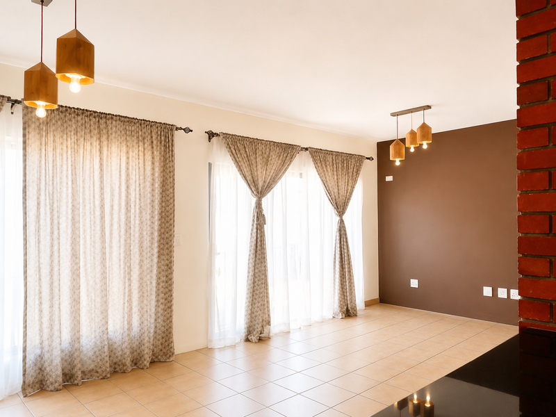 A bright, open-plan living area featuring tiled floors, an exposed brick accent wall, and large sliding doors with elegant curtains.