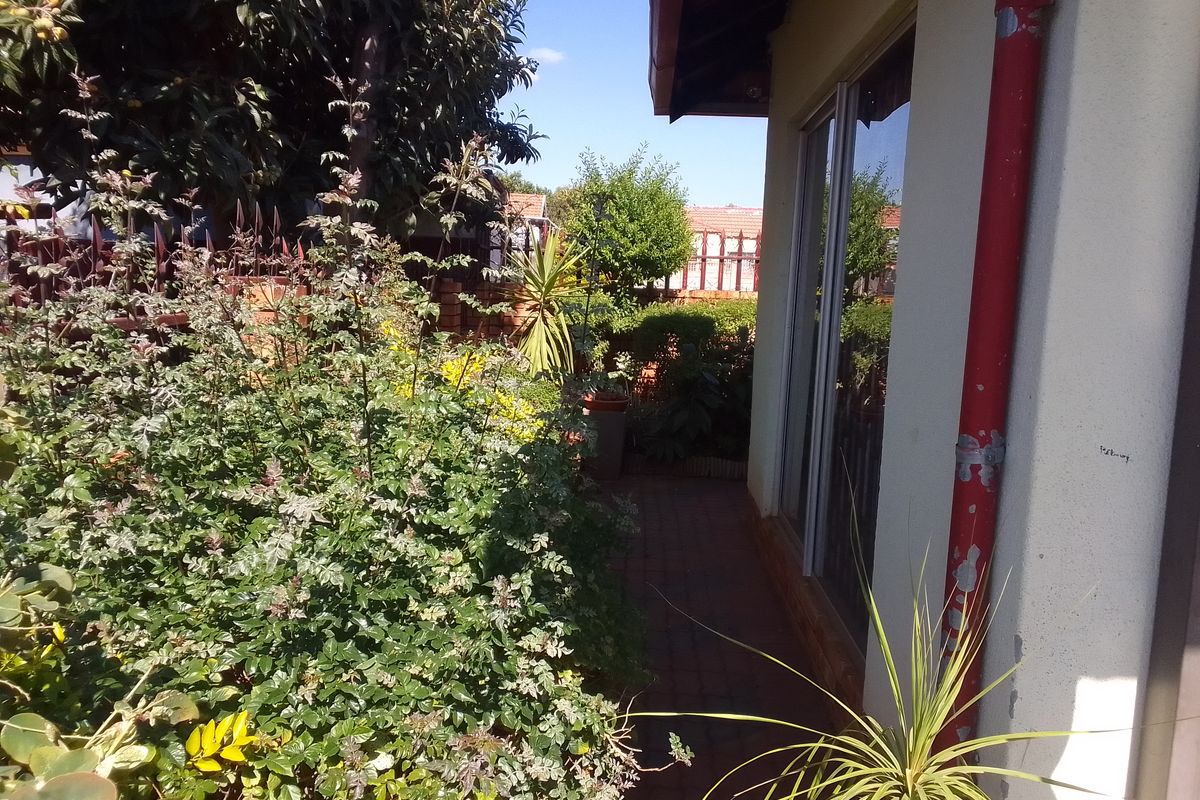 A side view of the property exterior featuring a paved walkway, sliding glass doors, and established garden landscaping.