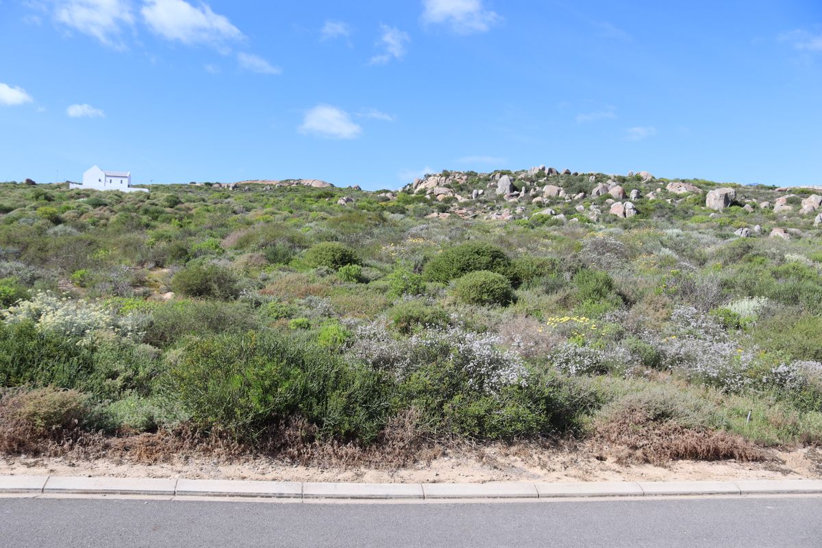 A view of a vacant residential plot featuring natural coastal vegetation, rocky outcrops, and direct access from a paved road.