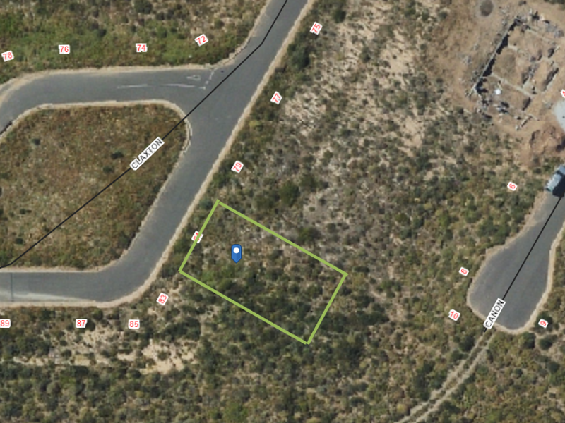An aerial view of a vacant residential land plot situated between Claxton and Canon streets, showing surrounding road infrastructure and natural vegetation.