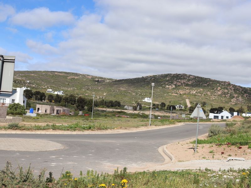 A view of the paved street and surrounding residential landscape in a developing coastal estate.