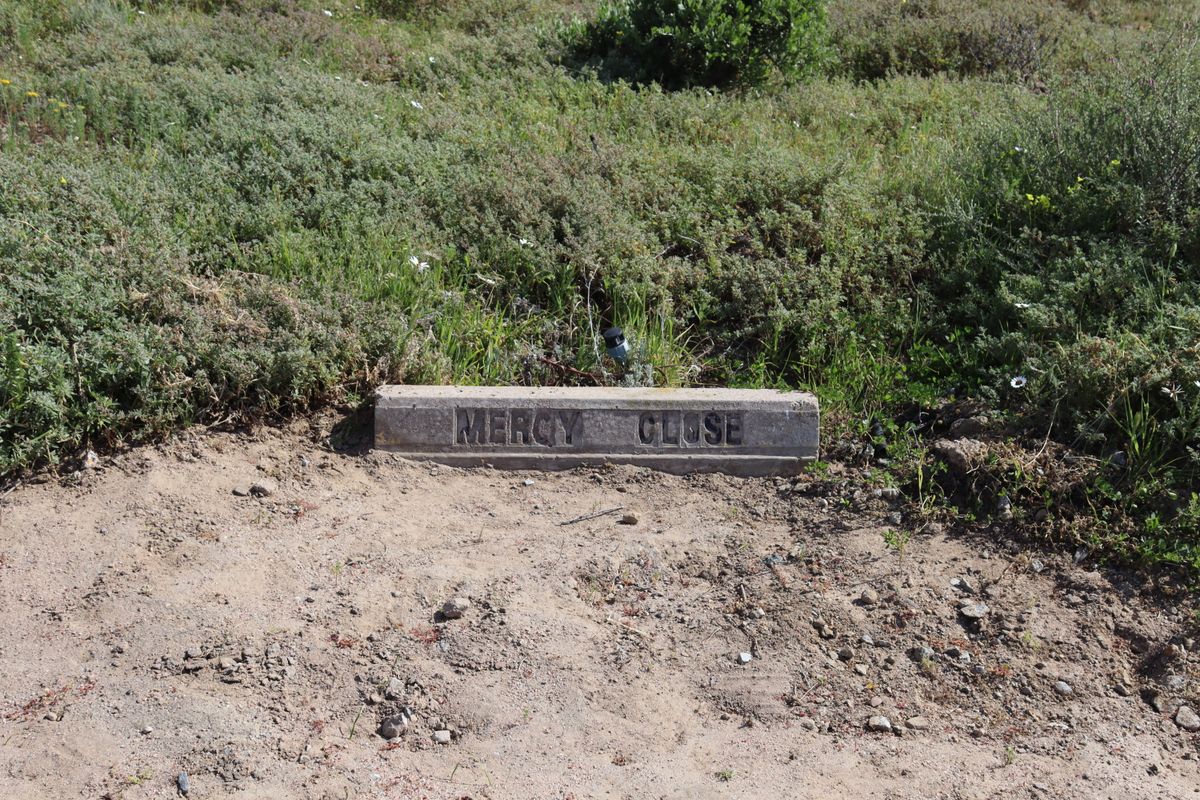 A street name sign for Mercy Close located on a vacant residential plot with natural vegetation.