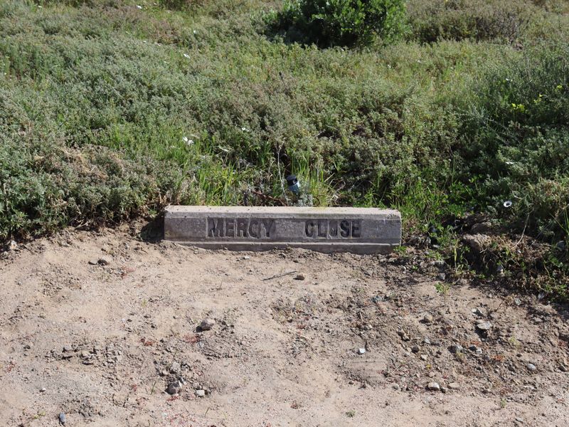 A street name sign for Mercy Close located on a vacant residential plot with natural vegetation.