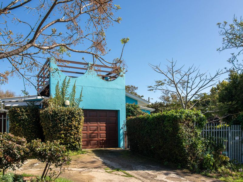 Front exterior view of a house featuring a blue facade, a single garage, and an elevated rooftop deck surrounded by mature garden landscaping.