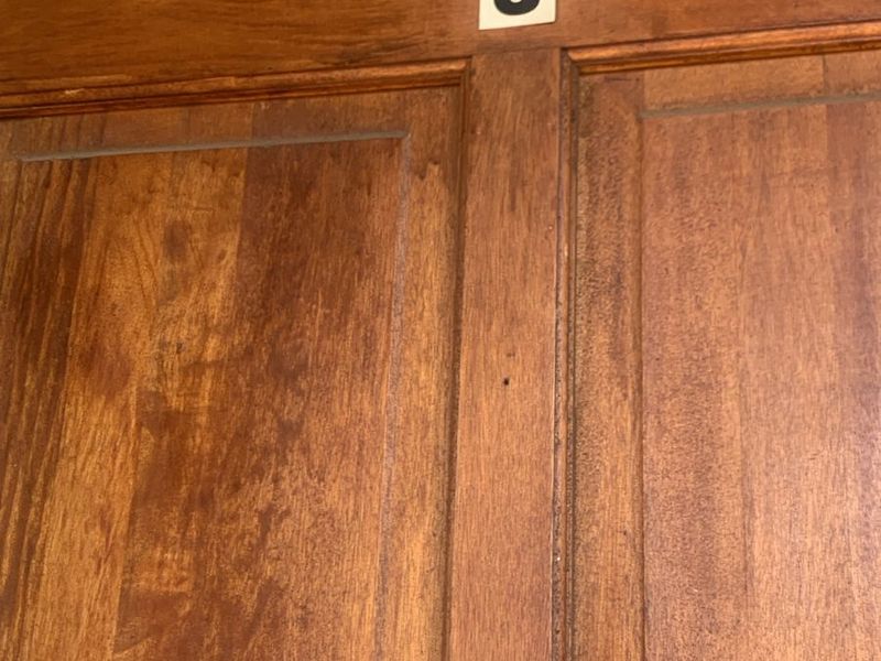 Close-up view of a wooden apartment entrance door featuring a unit number plaque.