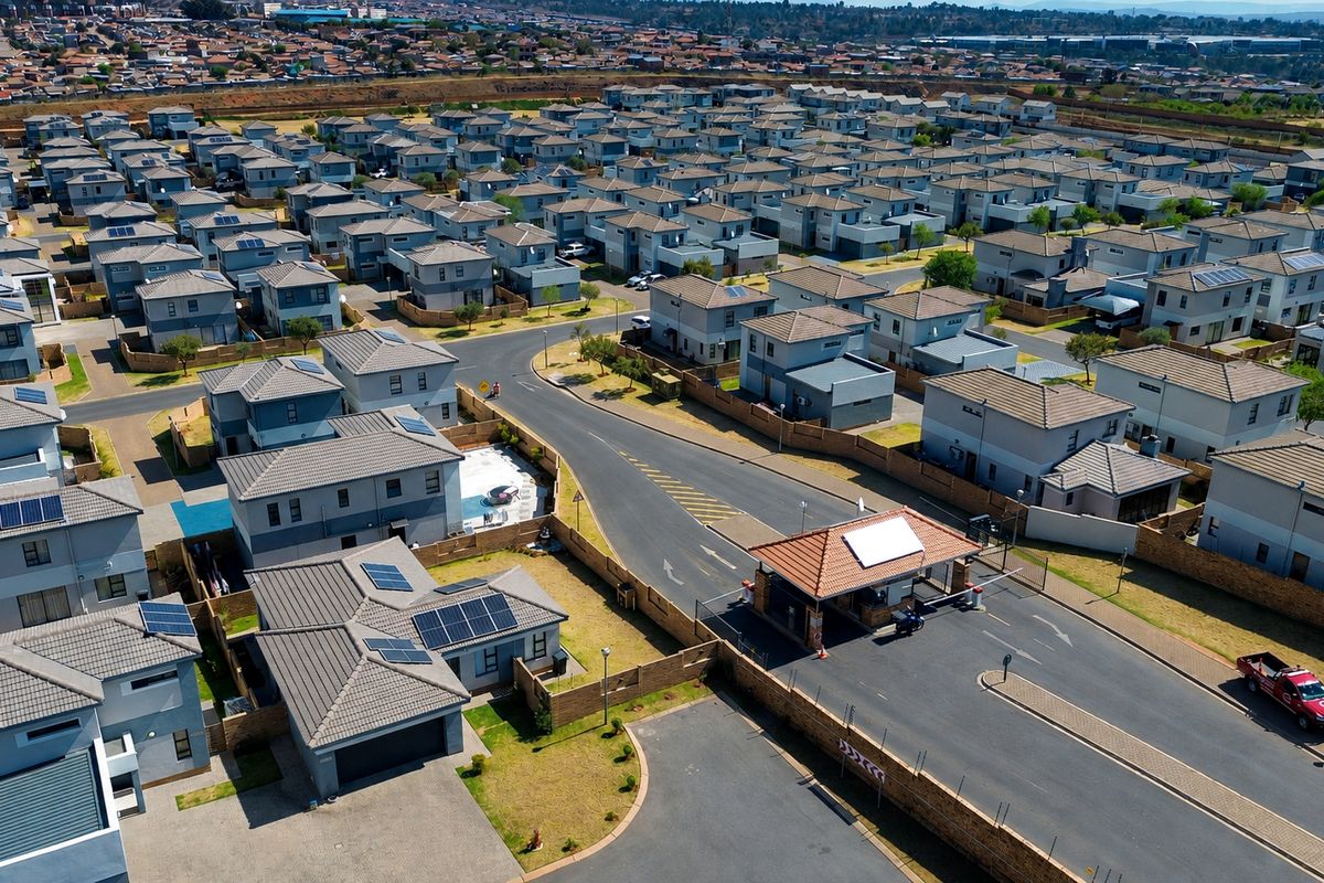 Aerial view of a modern residential estate featuring uniform housing units, paved streets, and a secure gated entrance.