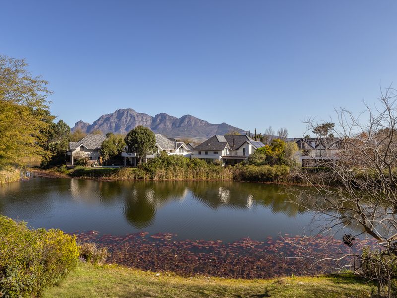 A scenic view overlooking a tranquil lake with residential properties in the background and a prominent mountain range under a clear blue sky.