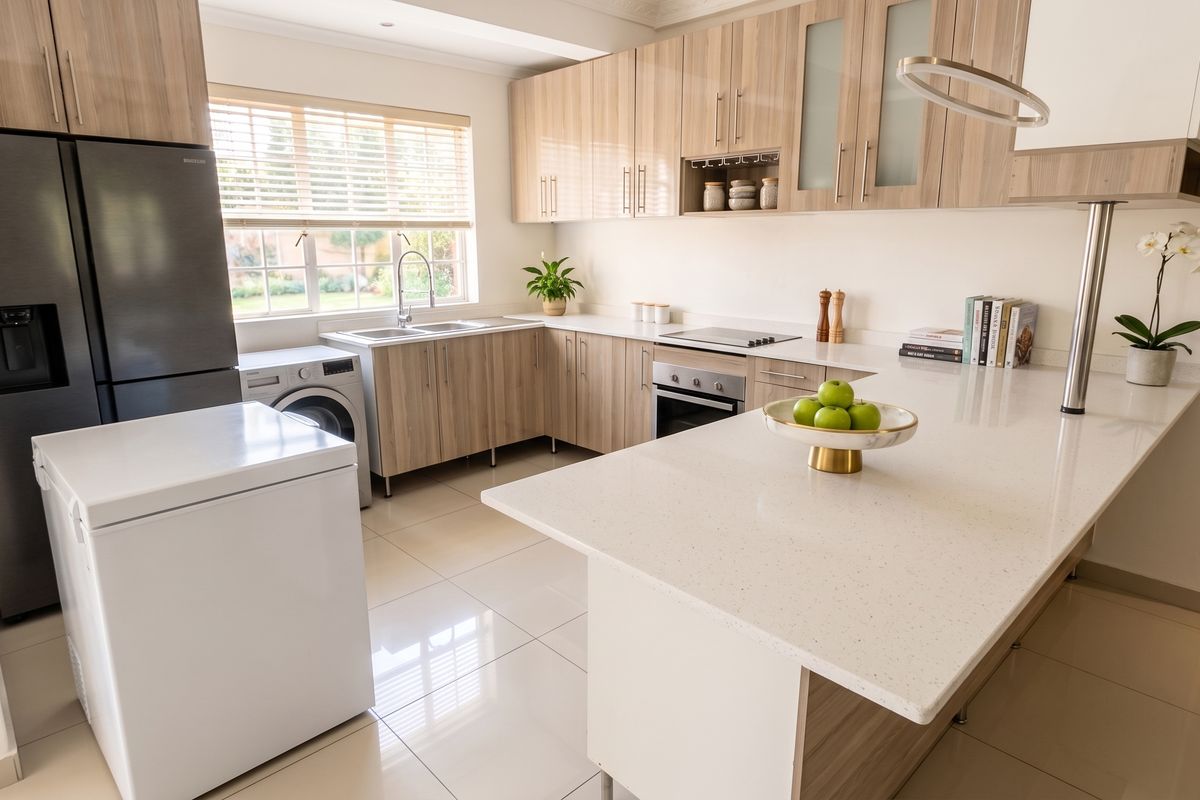Modern kitchen featuring light wood-grain cabinetry, stone countertops, integrated appliances, and tiled flooring with ample natural light from the window.