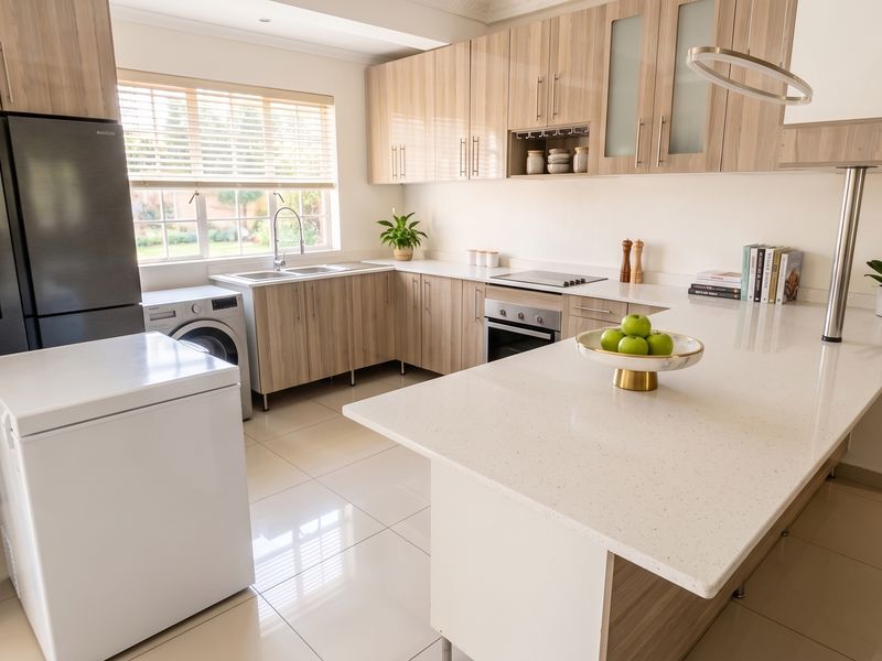 Modern kitchen featuring light wood-grain cabinetry, stone countertops, integrated appliances, and tiled flooring with ample natural light from the window.