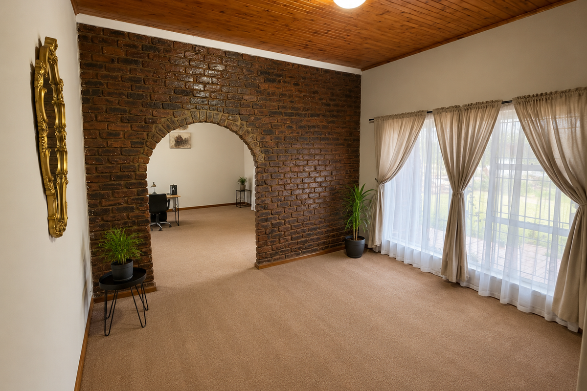 Spacious living area featuring a distinctive exposed brick feature wall with an arched opening, timber ceiling, and large windows allowing ample natural light.