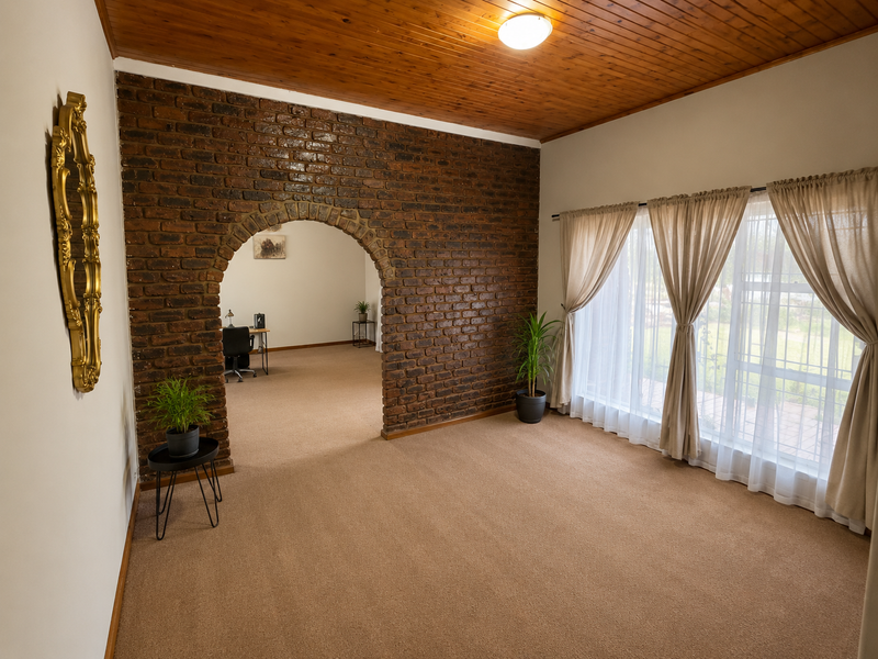 Spacious living area featuring a distinctive exposed brick feature wall with an arched opening, timber ceiling, and large windows allowing ample natural light.