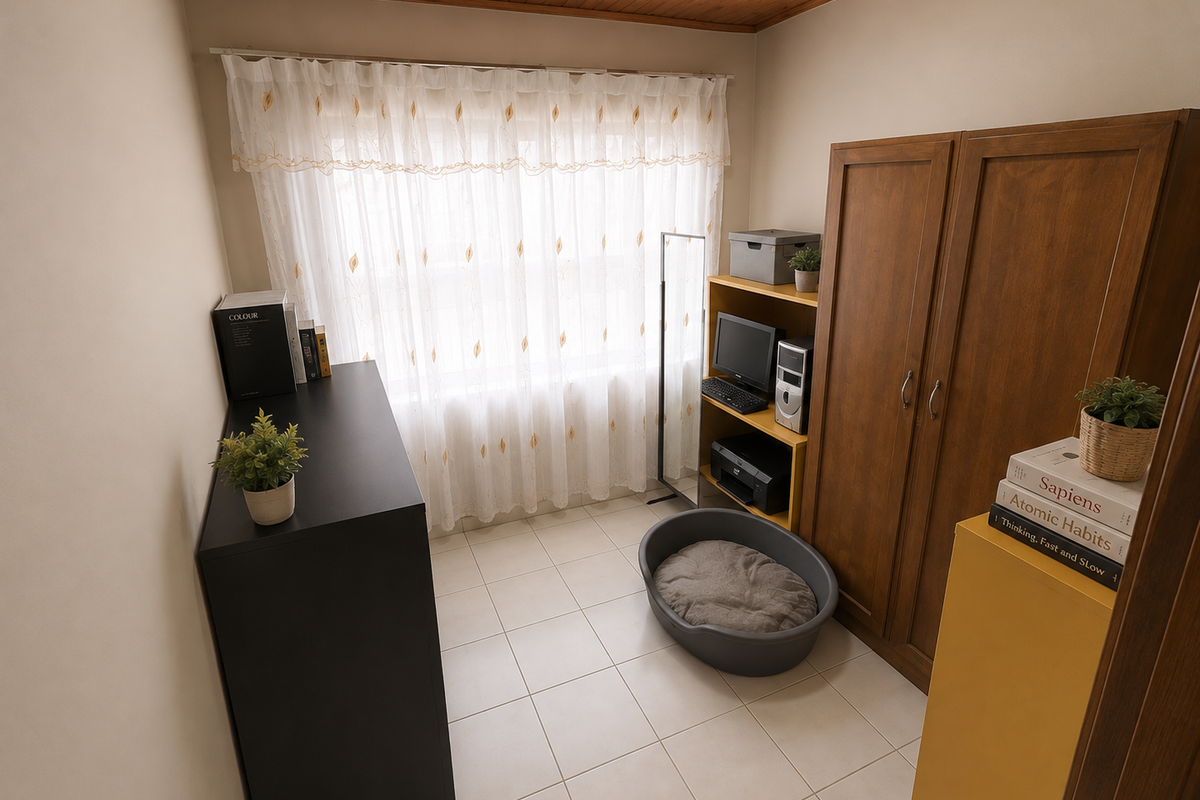 A compact bedroom featuring tiled flooring and a warm timber-paneled ceiling, offering a functional space with natural light.
