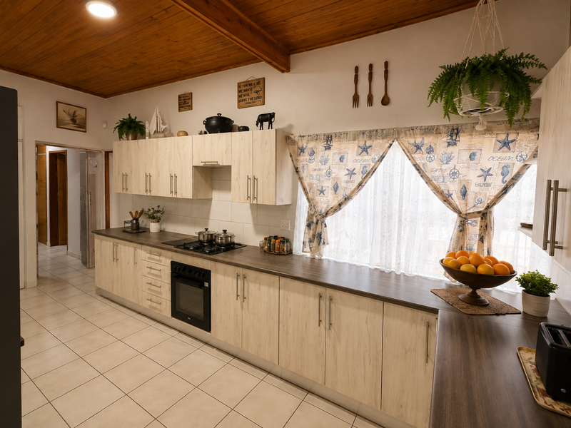 A well-maintained kitchen featuring light wood-grain cabinetry, dark laminate countertops, a built-in oven with gas hob, and a warm timber-paneled ceiling.