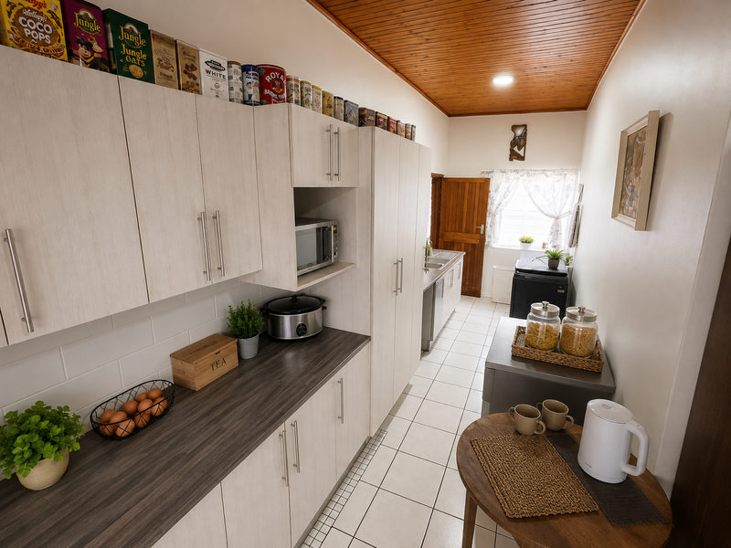 A functional scullery featuring light-toned built-in cabinetry, dark laminate countertops, a stainless steel sink, and a warm timber ceiling.
