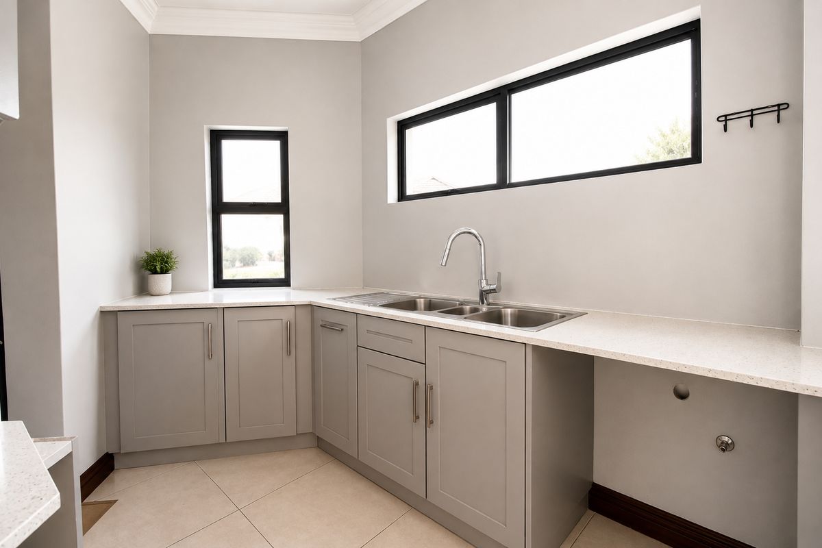 A clean, modern kitchen featuring shaker-style cabinetry, stone-look countertops, a double bowl stainless steel sink, and large windows with black frames.