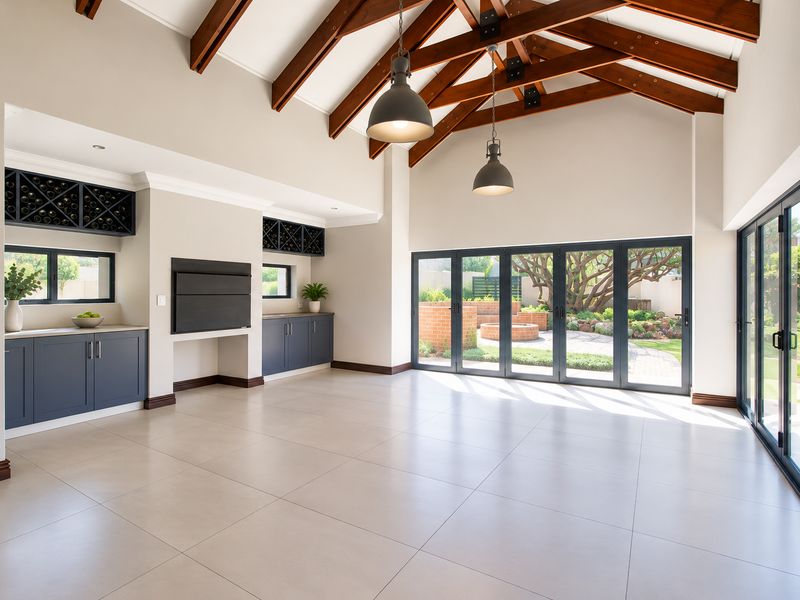 Spacious living area featuring vaulted ceilings with exposed timber trusses, built-in cabinetry, a fireplace, and large stacker doors opening to the garden.