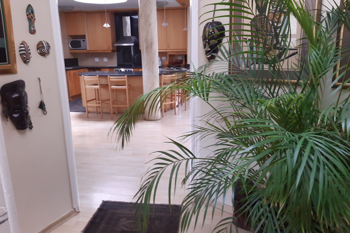 A view from the hallway into a kitchen featuring wooden cabinetry, a central island, and integrated appliances.