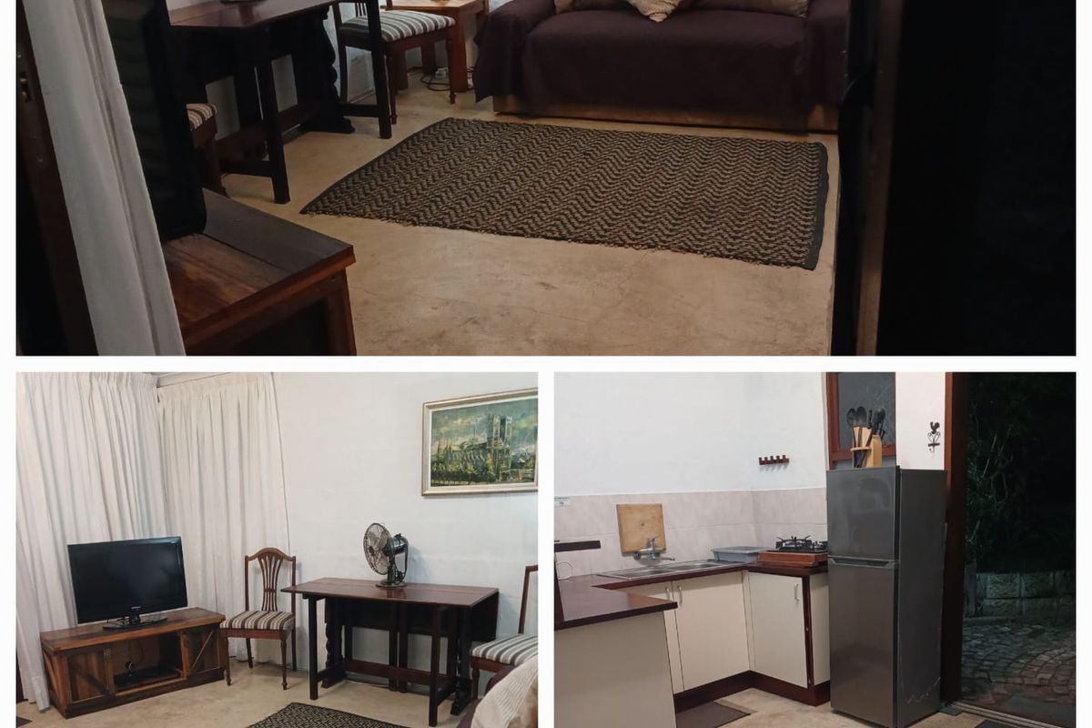 Open plan living area and kitchen featuring concrete flooring and basic cabinetry, suitable for a compact cottage layout.