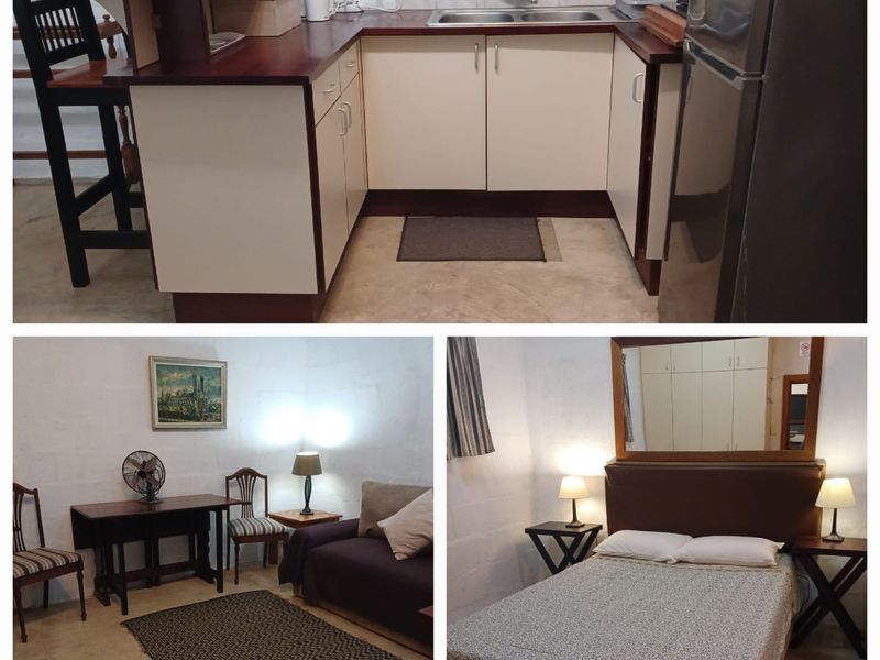 Open plan cottage interior featuring a compact kitchenette with laminate counters and a combined living and sleeping area with built-in storage.