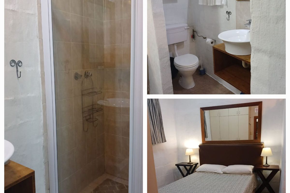 A bedroom suite featuring an integrated bathroom with a shower, toilet, and vessel sink, alongside built-in storage cupboards.