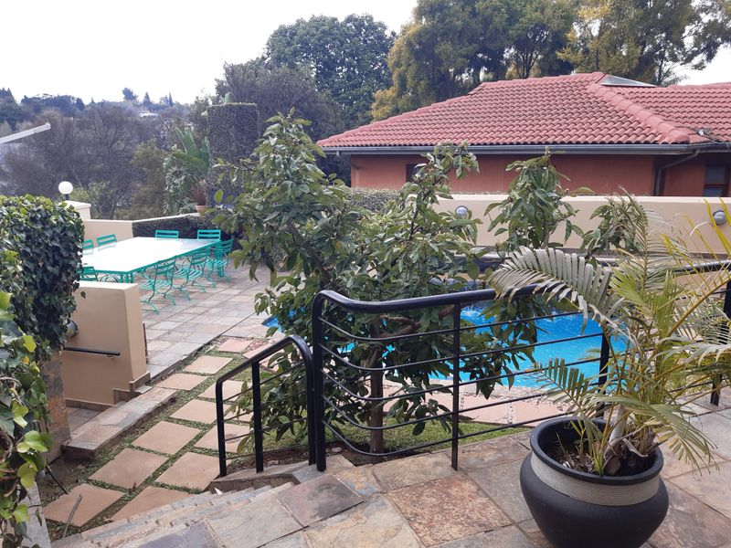 Outdoor pool area featuring stone paving, a metal safety balustrade, and a view of the surrounding garden and property structure.