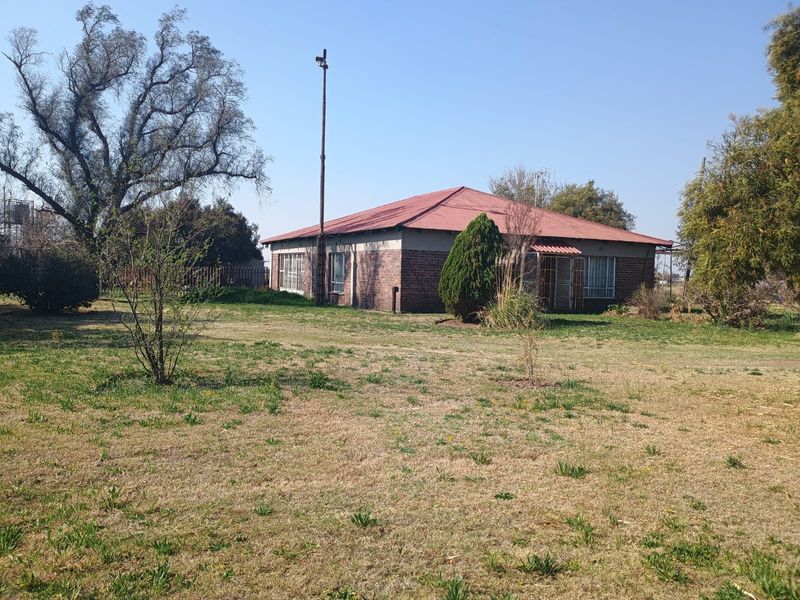 A view of the rear exterior of a brick-built small holding property featuring a corrugated metal roof and surrounding garden space.