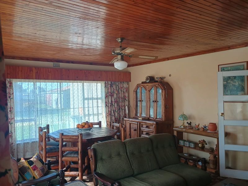 A living room featuring a warm timber tongue and groove ceiling, ceiling fan, and large window providing natural light.