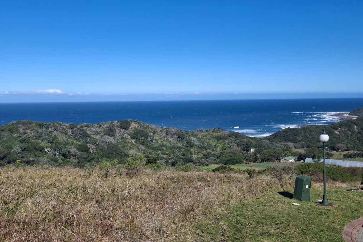 A scenic elevated view overlooking coastal hills and the ocean, featuring a clear horizon and natural landscape.