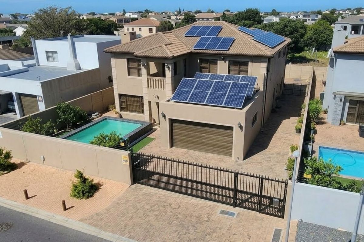 Aerial view of a two-story residential property featuring a tiled roof with solar panels, a private swimming pool, and a paved driveway with security gate.