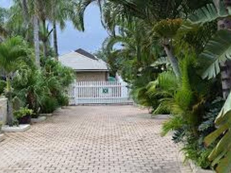 A paved driveway leading to a white picket gate, surrounded by lush tropical landscaping and mature palm trees.