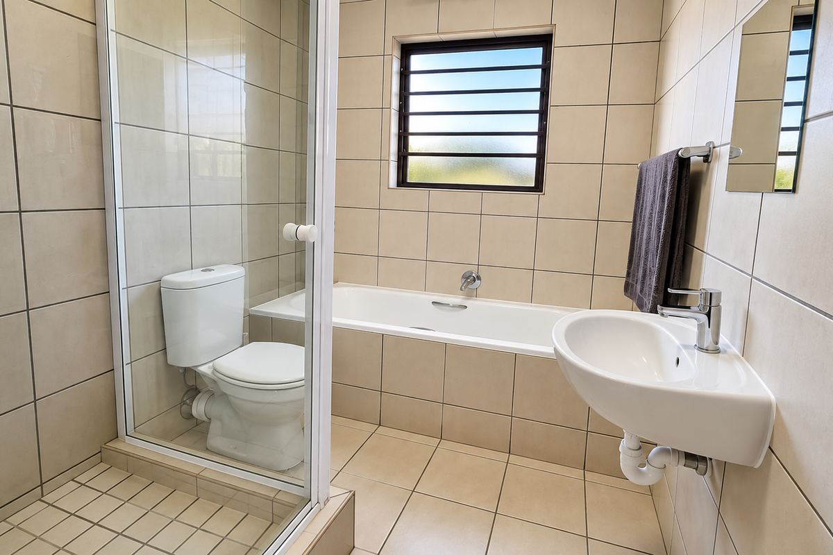 A clean, modern bathroom featuring a glass-enclosed shower, a built-in bathtub, and a wall-mounted basin with neutral floor-to-ceiling tiling.