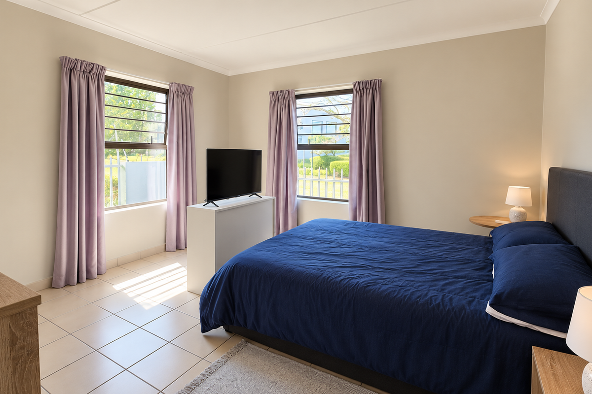 A well-lit bedroom featuring neutral wall tones, tiled flooring, and two windows equipped with security bars.