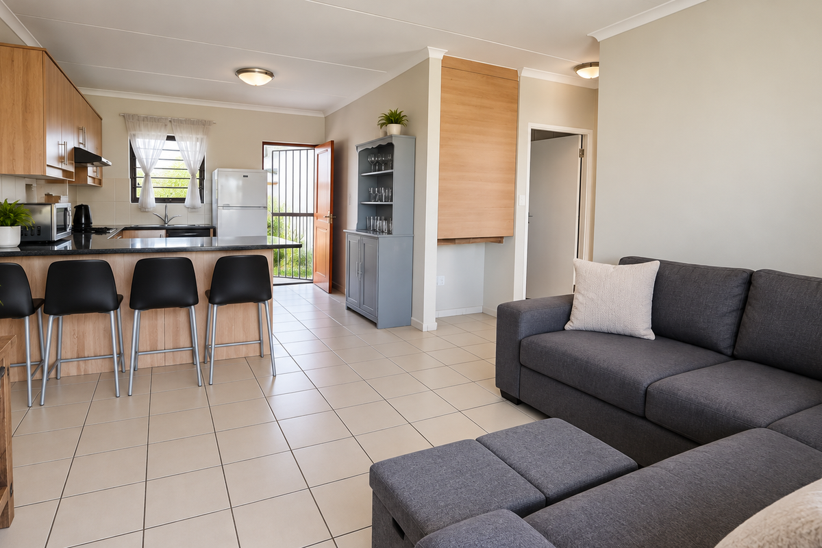 Open-plan living area featuring a functional kitchen with wood-finish cabinetry, granite countertops, and tiled flooring, seamlessly connecting to the lounge space.