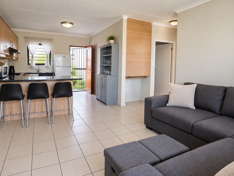 Open-plan living area featuring a functional kitchen with wood-finish cabinetry, granite countertops, and tiled flooring, seamlessly connecting to the lounge space.