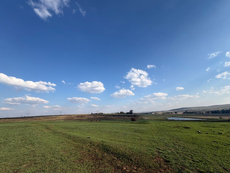 Expansive view of the farm property featuring open green pastures and a small dam under a clear blue sky.