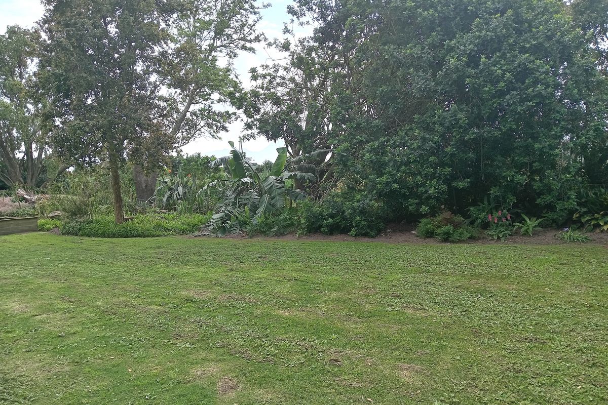 A spacious, well-established garden area featuring a large lawn, mature trees, and lush landscaped garden beds.
