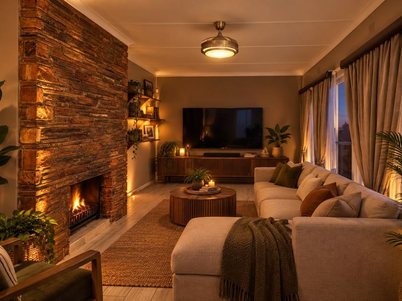 A cozy, well-lit living room featuring a prominent stone fireplace, built-in shelving, and sliding glass doors leading to an outdoor area.